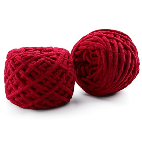 Grobes Chenille-Garn zum Häkeln – 148 Yards weiches Babydeckengarn – flauschiges Plüschgarn zum Stricken und Basteln, Amigurumi – Anfängergarn 200 g, Jujube-Rot von Generic