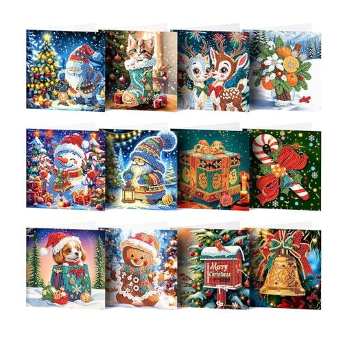 Grußkarten, Weihnachtsgrußkarten | 12 Stück Strass Malerei Karten Set, Urlaub Postkarte, Runde Kunst, Blanko Weihnachtskarten Sets für Geburtstag und Weihnachten von Generic