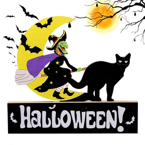 Halloween-Holzdekorationen, Rustikale Holzschilder „Happy Halloween Farmhouse“, Tisch-Herzstück, Geist-Katze, Basteldekoration für Zuhause von Generic