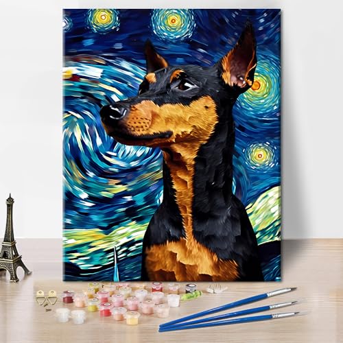 Hund DIY Malen nach Zahlen für Erwachsene Anfänger Kits bunte Dobermann Pinscher Tier Ölmalerei Sternennacht abstrakte Bild Leinwand Acryl Pigment Kunsthandwerk für Home Wall Decor Geschenk 16x20 Zoll von Generic