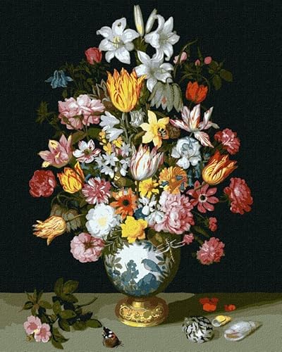 IDEYKA Malen nach Zahlen Blumensymphonie. Ambrosius Bosschaert de Oude 40x50 mit Holzrahmen Komplettset Feiertagsgeschenke DIY Acrylmalerei von Generic