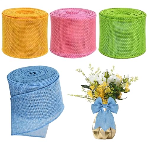 -Jutestreifen, buntes Geschenkband, Frühlingsdraht, vielseitige dekorative Anwendungen, Drahtrand, einfach zu formen/Jute-Material, 5 cm für Paketsträuße von Generic