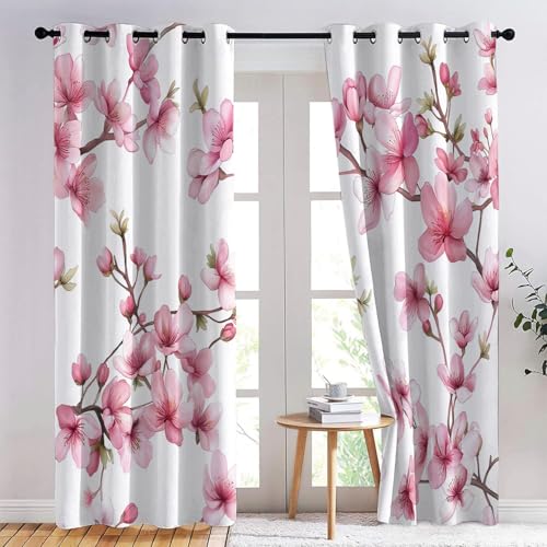 Kirschblüten-Aquarellmalerei Blickdichte Vorhänge H166 x B75 cm (2er Pack) Bunt, Vorhang mit Ösen Polyester Gardinen Thermovorhang für Wohnzimmer Schlafzimmer von Generic