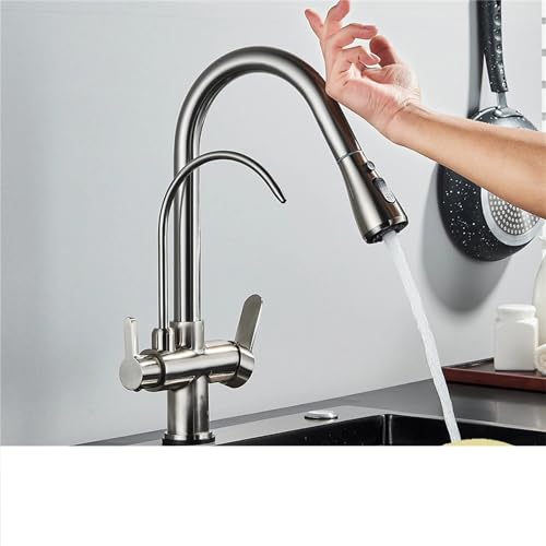 Kiten Wasserhahn, TOU Sensor Filter Wasser Kiten Wasserhahn 2 in 1 Schwarz Feuerlöscher Dual Modi Sprüher Spülbecken Wasserhähne für Kiten Wassermischbatterie Gebürstetes Nickel von Generic