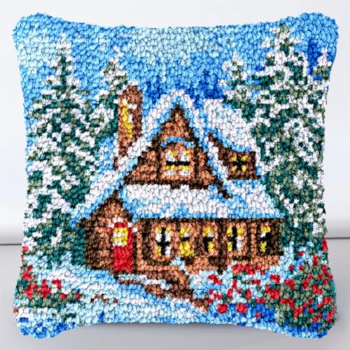 Knüpfkissen-Set für Erwachsene, Winter-Schneehaus, Kissenbezug mit bedruckter Leinwand, DIY-Haken, Häkelgarn, Nadel, Handarbeit, Kissen für Zuhause, Sofa, Dekoration, 43 x 43 cm (3) von Generic