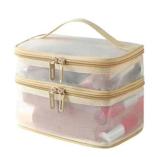 Kosmetiktasche für Damen, doppellagig, Netzstoff, tragbar, große Kapazität, Toilettenartikelbox, Kosmetikaufbewahrung, Beige Kosmetiktasche für Damen, doppellagig, Netzstoff, tragbar, große Kapazität, Toilettenartikelbox, Kosmetikaufbewahrung, Beige von Generic