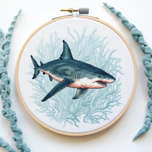 Kreuzstich-Set mit Haifisch-Motiv, für Anfänger, einfach mit Reifen, 11-fädig, Nadelspitzen-Stickerei, DIY, Kreuzstich-Set, Kunst, Handwerk, Wanddekoration, 35 x 35 cm (1) von Generic