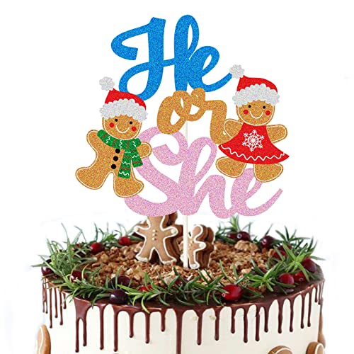 Kuchendekoration mit Lebkuchenmotiv "He or She" – Blau & Rosa Glitzer Weihnachten Babyparty Kuchen Dekorationen – Weihnachtsmann Baby Kuchen Topper – Neugeborene Baby Xmas Gender Reveal Party Supplies von Generic