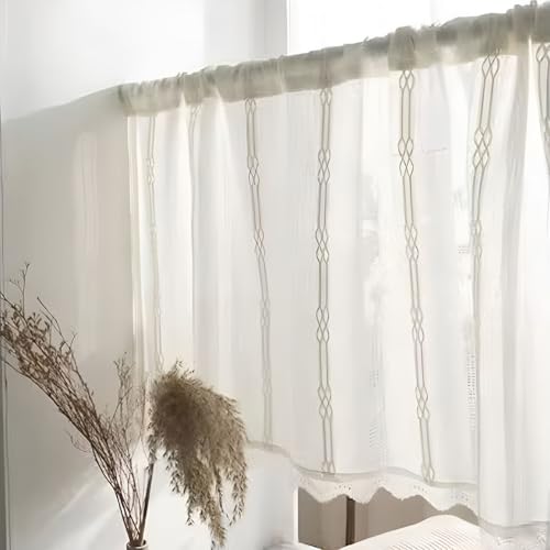 Küchenvorhänge, Boho Jacquard Streifen Kurzgardine, Bauernhaus-Baumwollleinen Scheibengardine für Wohnzimmer, Schlafzimmer, Schrank(White,120x60cm/47x24in) von Generic