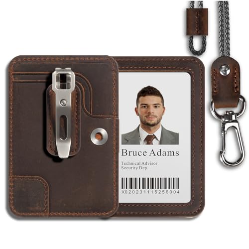 LeeFirst Ausweishalter mit Lederband, weiches Leder, Ausweishalter mit abnehmbarem Metallclip, 3 Kartenfächer, Crazy Horse-Ausweishalter für Büroangestellte, Lehrer, Mitarbeiter von Generic