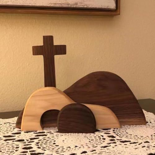 Leeres Grab-Oster-Szene und Kreuz-Dekor, Holz-Oster-Auferstehungsszene für gestuftes Tablett, "He is Risen", Jesus-Wiederstehungsdekoration, Holztablett zur Auferstehung von Christen, Tischdekoration von Generic