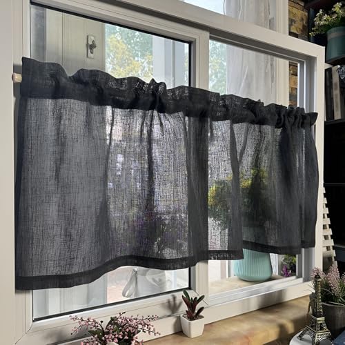 Leinenoptik Scheibengardine mit Stangentaschen, Schwarz Halbtransparent Küchenvorhang, Kurzgardine für Wohnzimmer, 1 Stück(W*H 100X70CM/39.4X27.6IN) von Generic