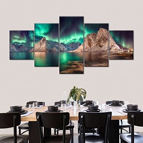 Leinwand Bilder Farbige Naturlandschaft Der Nordlichter Xxl/200 X 100 Cm Leinwandbild, Auf Leinwand Gedrucktes Kunstwerk 5-Teilig, Foto Auf Leinwand Für Wanddekoration Design Wohnzimmer Wohnkultur von Generic