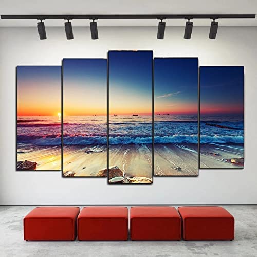 Leinwand Wandkunst, 5 Stück Meerblick Bei Sonnenuntergang Mit Rahmen 150 X 100 Cm Malerei Hd Poster Ölgemälde Kunst Auf Leinwand Wandbilder For Wohnzimmer Esszimmer Hauptdekoration Leinwand Gemälde von Generic