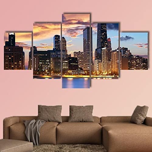 Leinwand Wandkunst Modulare Bilder Wohnkultur 5 Stücke Skyline Von Chicago (Xxl/Mit Rahmen 200 X 100 Cm) Gemälde Wohnzimmer Hotelrestaurant Kinderzimmer Schlafzimmer Hd Gedruckt Animation -9O4L-B5X von Generic