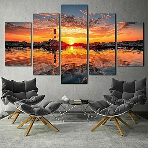 Leinwandmalerei Sonnenuntergang Leuchtturm Meerblick 5 Stück Wandkunst Malerei Modulare Tapeten Posterdruck Für Wohnzimmer Schlafzimmer Esszimmer Büro Kinderzimmer Wandbild Wohnkultur Xxl/200 X 100 C von Generic