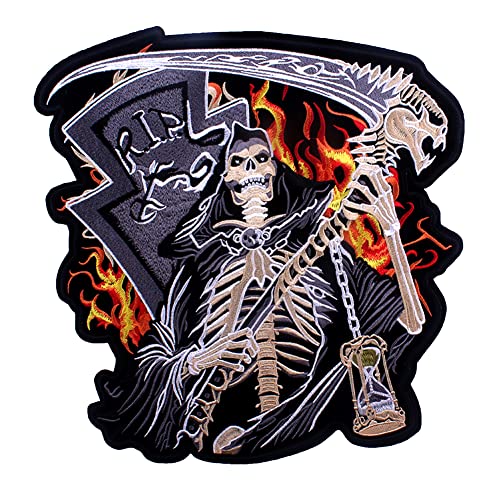 Locomo Grim Reaper Large Sew Iron On Patch Embroidered Big Sense Fire RIP Skelett Skull Bone Emblem Badge Back Jacket Coat T Shirt Biker Rider von Generic