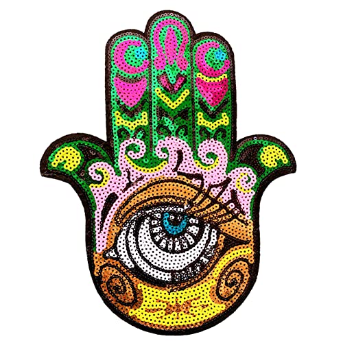 Locomo Hamsa-Augen-Pailletten-Aufnäher zum Aufbügeln von Hand von Fatima, zum Aufnähen, funkelnd, bunt von Generic