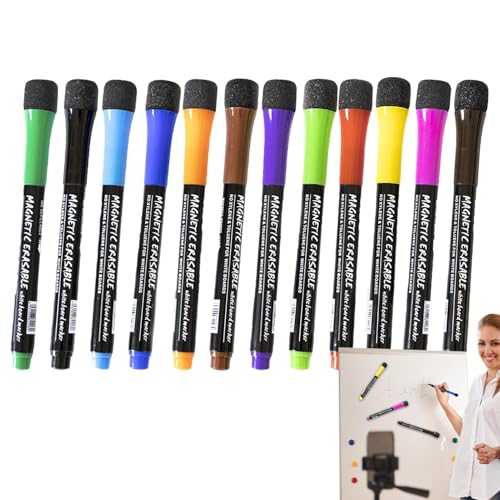 Magnetische Whiteboard-Marker, trocken abwischbare Magnet-Marker | Trocken abwischbare Stifte mit Radiergummi | Bunte, dünne, trocken abwischbare Marker mit feiner Spitze, 12 x Whiteboard-Stifte, Schu von Generic