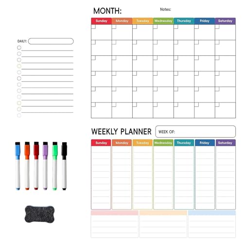 Magnetisches Trockenlösch Kalender Whiteboard Set (3er-Pack) für Kühlschrank, Wand und Organisation, Mit Monatlichen, Wöchentlichen und Täglichen Notizblöcken Mit 8 Markern und Radiergummi, Bunt von Generic