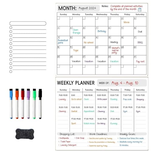 Magnetisches Trockenlösch Kalender Whiteboard Set (3er-Pack) für Kühlschrank, Wand und Organisation, Mit Monatlichen, Wöchentlichen und Täglichen Notizblöcken Mit 8 Markern und Radiergummi, Grau von Generic