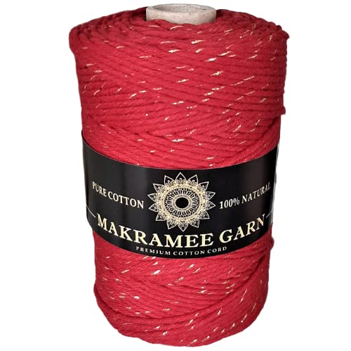 Makramee Garn. Baumwollgarn Kordel. 100% Natur Baumwoll-Kordel. Gold- oder Silberfaden. Perfekt für Basteln, DIY, Handwerk & Stricken. 100% Natur Baumwollgarn, Dicke Macrame (Rotwein Gold, 100m/5mm) von Generic