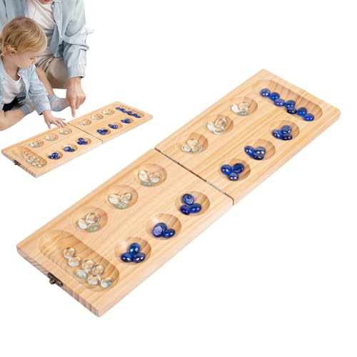 Mancala-Spiel für Kinder – Traditionelles Mancala-Set, tragbares Strategiespiel | Faltbares Mancala-Spiel aus Holz, Schachspiel mit 48 Glasperlen, tragbare neuartige Brettspiele mit Schnalle für alle von Generic