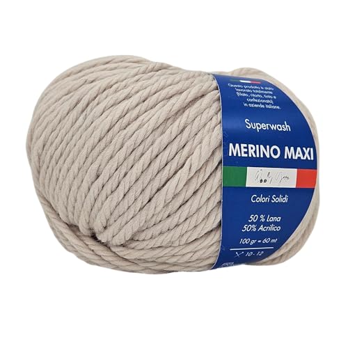 Merino Maxi Woolly Yarn, unifarbenes Merino-Garn zum Häkeln und Stricken, unifarben und gemustert, 100 g, 60 Meter, Chunky, 50% Merino 50% Acryl (Beige) von Generic