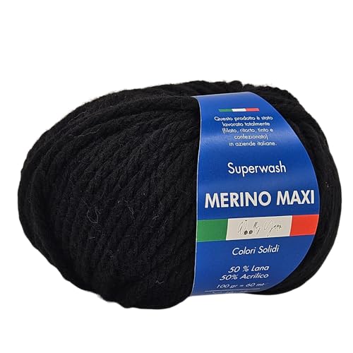 Merino Maxi Woolly Yarn, unifarbenes Merino-Garn zum Häkeln und Stricken, unifarben und gemustert, 100 g, 60 Meter, Chunky, 50% Merino 50% Acryl (Schwarz) von Generic