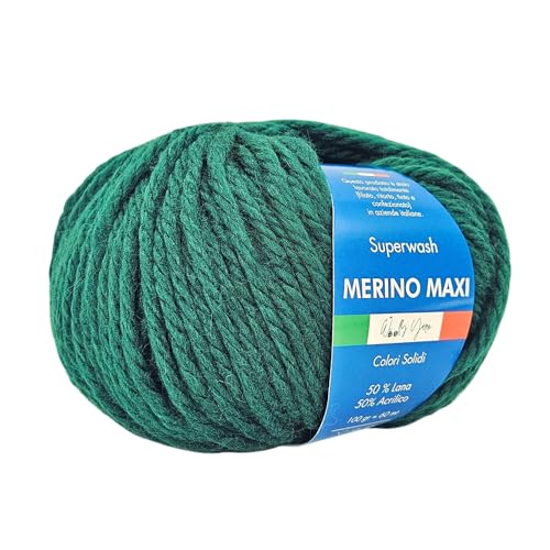 Merino Maxi Woolly Yarn, unifarbenes Merino-Garn zum Häkeln und Stricken, unifarben und gemustert, 100 g, 60 Meter, Chunky, 50% Merinowolle, 50% Acryl (Grüne Flagge) von Generic