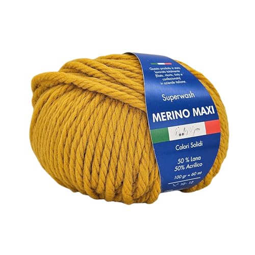 Merino Maxi Woolly Yarn, unifarbenes Merino-Garn zum Häkeln und Stricken, unifarben und gemustert, 100 g, 60 Meter, Chunky 50% Merino 50% Acryl (Senape) von Generic