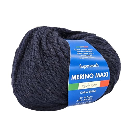 Merino Maxi Woolly Yarn, unifarbenes Merino-Garn zum Häkeln und Stricken, unifarben und gemustert, 100 g, 60 m, Chunky, 50% Merino, 50% Acryl (Nachtblau) von Generic