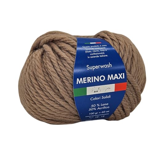 Merino Maxi Woolly Yarn, unifarbenes Merino-Garn zum Häkeln und Stricken, unifarben und gemustert, 100 g, 60 m, Chunky, 50% Merino, 50% Acryl (Taupe) von Generic