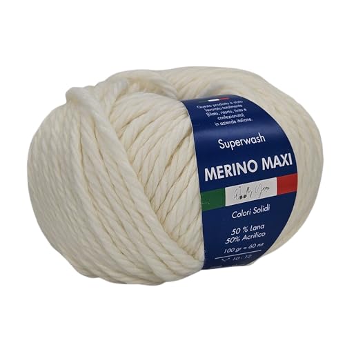 Merino Maxi Woolly Yarn, unifarbenes Merino-Garn zum Häkeln und Stricken, unifarben und gemustert, 100 g, 60 m, Chunky, 50% Merino, 50% Acryl (Weiß) von Generic