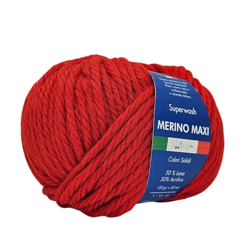 Merino Maxi Woolly Yarn, unifarbenes Merino-Garn zum Häkeln und Stricken, unifarben und gemustert, 100 g, 60 m, Chunky, 50% Merino, 50% Acryl (rot) von Generic