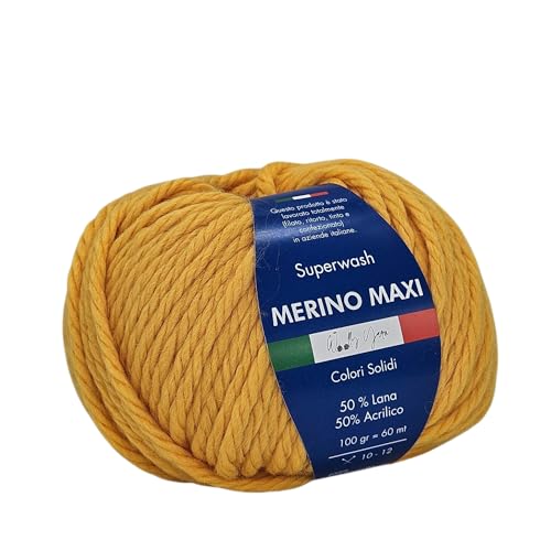 Merino Maxi Woolly Yarn, unifarbenes Merino-Garn zum Häkeln und Stricken, unifarben und gemustert, 100 g, 60 m, Chunky, 50% Merino 50% Acryl (Gelb) von Generic