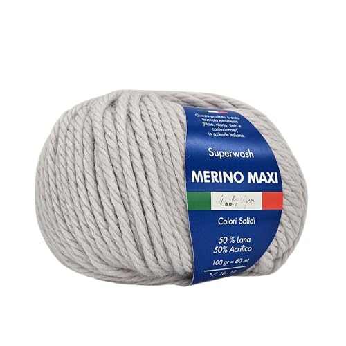 Merino Maxi Woolly Yarn, unifarbenes Merino-Garn zum Häkeln und Stricken, unifarben und gemustert, 100 g, 60 m, Chunky, 50% Merino 50% Acryl (Hellgrau) von Generic