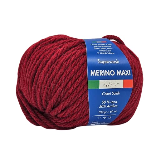 Merino Maxi Woolly Yarn unifarbenes Merino-Garn zum Häkeln und Stricken 100g 60m Chunky 50% Merino 50% Acryl (Bordeaux) von Generic