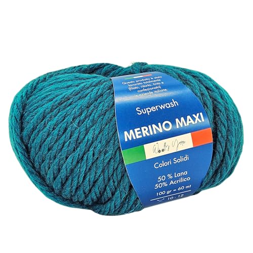 Merino Maxi Woolly Yarn unifarbenes Merino-Garn zum Häkeln und Stricken 100g 60m Chunky 50% Merino 50% Acryl (Petrol) von Generic