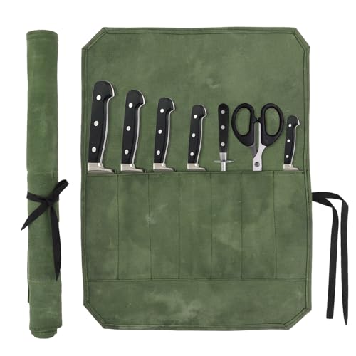 Messertasche Kochmesser, Messertasche für Köche mit 7 Steckplätzen, Strapazierfähiges Gewachstes Segeltuch ist Schnittfest Koch Messer Roll Bag für Wandern und Camping Grill（Grün） von FOXCUP