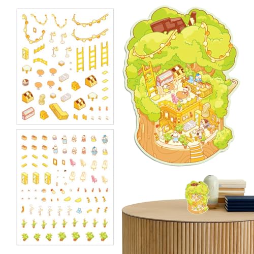 Miniatur -Szenenaufkleber, Möbelaufkleber für Scrapbooking | 3D Effect House Notebook -Aufkleber,Cartoon süße Korbhaus Abziehbilder Möbel Scrapbooking Adhäsive Papier für Tür von Generic