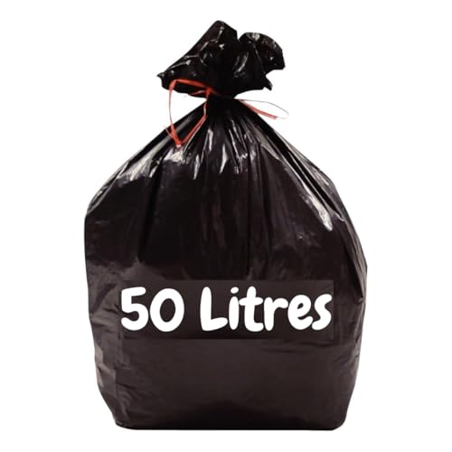 Müllbeutel, 50 l, 100 schwarze PE-Müllbeutel (2 Rollen mit je 50 Beutel) | robust und wasserdicht (14 µ) | Mülleimer für Küche – Büro | Verschluss mit Bindeband | 100 % recycelbar | hoher Müllbeutel von Sattie