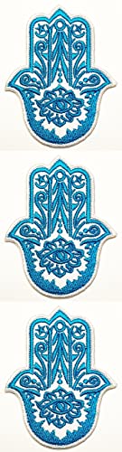 ONCEX 3 Stück Blaue Hand Hamsa Böser Blick Buddha bestickte Applikation Bügelbild Cartoon Kinder Handwerk Patches für Kleidung Rucksäcke Weste Jeans Jacken Hüte von Generic