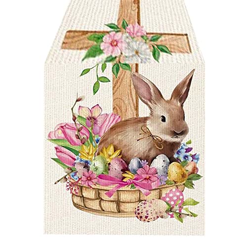 Ostern Tischläufer Mode Osterhase Tischdecke Ostern-Tischflagge Leinen Robuste und langlebige Tischdecke Öl- und schmutzabweisende Tischdecke Austreten Ostereier und Osternwichtel Frühling Tischdecke von Generic