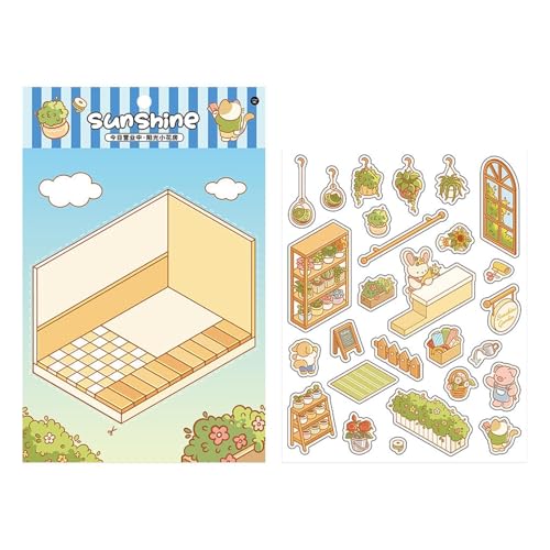 PET Stickers - Open Series, Korean Style 3D Landscape Hut Stickers | Miniature Scrapbook Kits, Cartoon Cabin Stickers for Kids and Adults, Notebook Decoration, 14.0x18.0cm von Generic