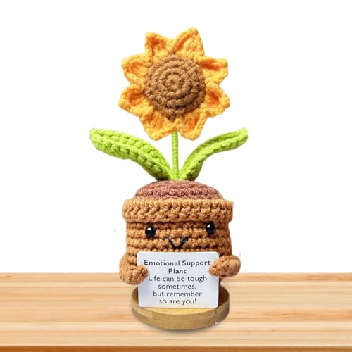 Positive Häkelpuppe - Gestrickte Blume zur emotionalen Unterstützung | Emotionale Unterstützung Häkelpuppe | Künstlicher Sonnenblumenstrauß | Lustige Häkelblume, kleine Topf-Schreibtischdekoration, em von Generic