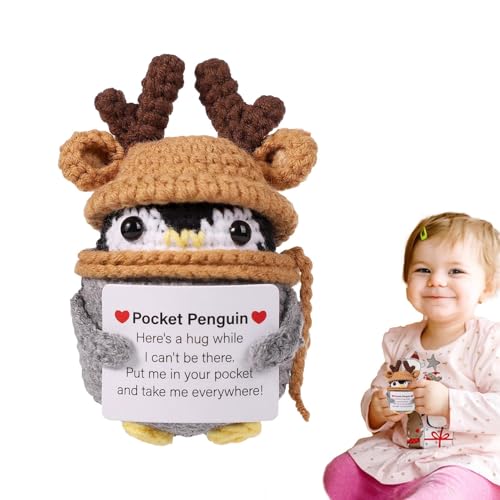 Positive Strickpuppe, positive Bestätigungspuppe, Weihnachts-Pinguinpuppe, lustige handgemachte Häkelpuppe, niedliche gewebte Puppe mit emotionaler Unterstützung mit positiver Karte zum Geburtstag von Generic