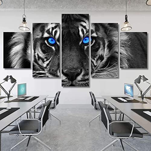 Poster,5 Teilig Leinwanddrucke Leinwand Stück Kunstdruck Modern Wand Aufhängen Home Dekoration Moderne Gemälde Hd Panel Schwarz-Weiß-Tiger Xxl/200 X 100 Cm Wohnzimmer Schlafzimmer Büro Hotel Wandkuns von Generic