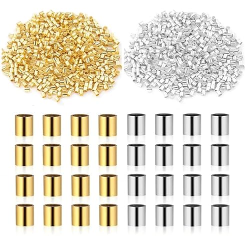 Quetschperlen für Schmuckherstellung, vergoldetes Messing, 2 x 2 mm, Quetschperlen, Endkappen, lose Stopperperlen, Rohr-Endperlen für Ohrringe, Halsketten, Anhänger, DIY-Schmuckherstellung, Gold und von Generic