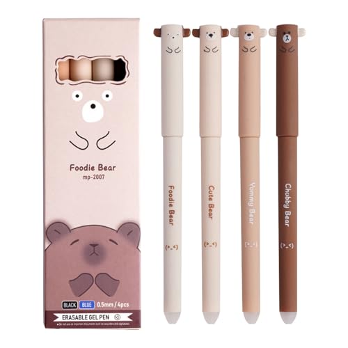 Radierbarer Kugelschreiber 4 Stück Tintenroller Radierbar Gelstiften Cartoon-Bär Löschbarer Stift Tintenstifte, 0.5mm Erasable Pen Set für Studenten Geschenk, Schul Bürobedarf Schulsachen (Schwarz) von Generic